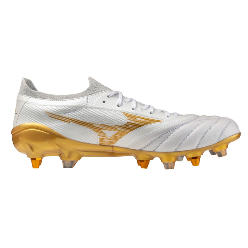 Crampons de rugby Mizuno Morelia Neo IV Beta Elite Mix Blanc et doré