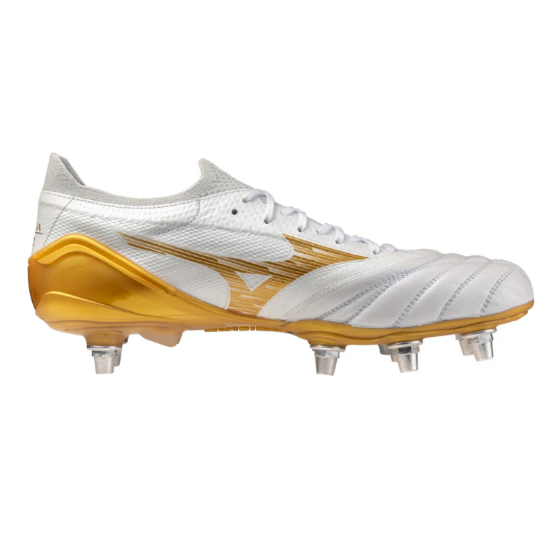 Crampons de rugby Mizuno Morelia Neo IV B Elite SI Blanc et doré